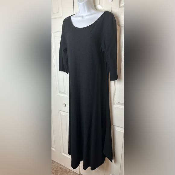 EILEEN FISHER 100% Wool Crepe Midi Dress Black Knit Pullover Handkerchief Hem - Picture 2 of 13